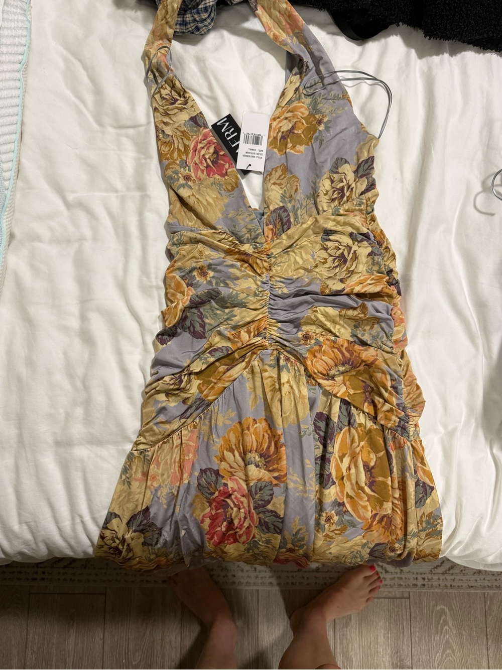 AFRM Floral Backless Halter Dress in Yellow & Gray